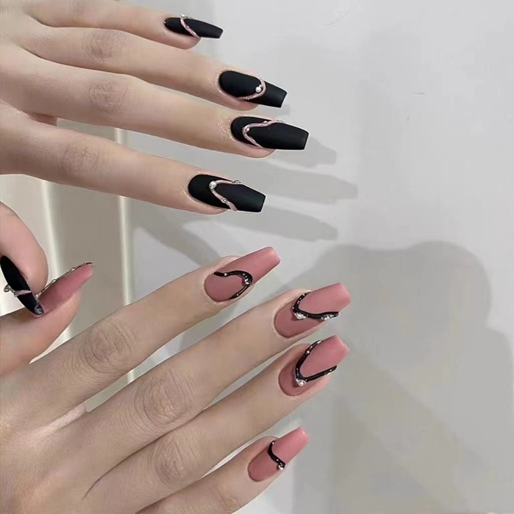 H175 PUNK BLACK & PINK STRIP HANDMADE NAIL