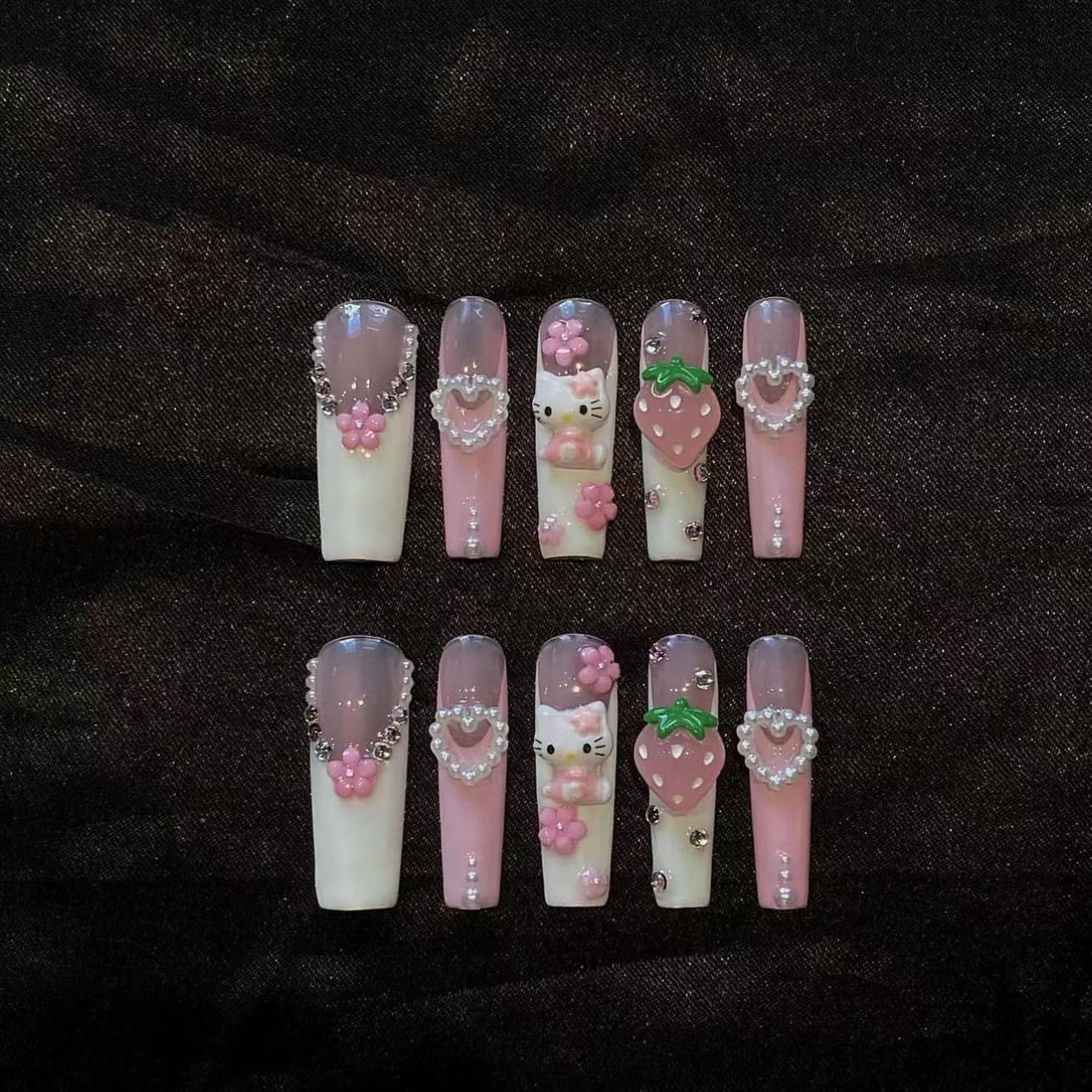 HK25 Strawberry Heart Flower Cat HANDMADE NAIL