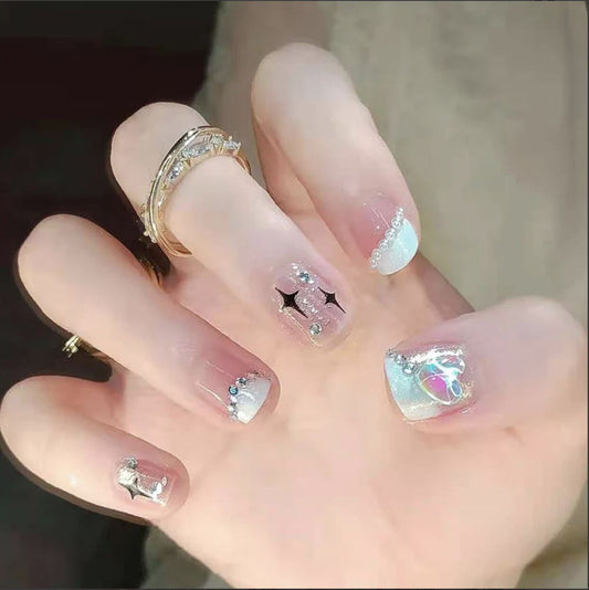 K19 Nude Pink Diamond Silver Star MEDIUM NAIL