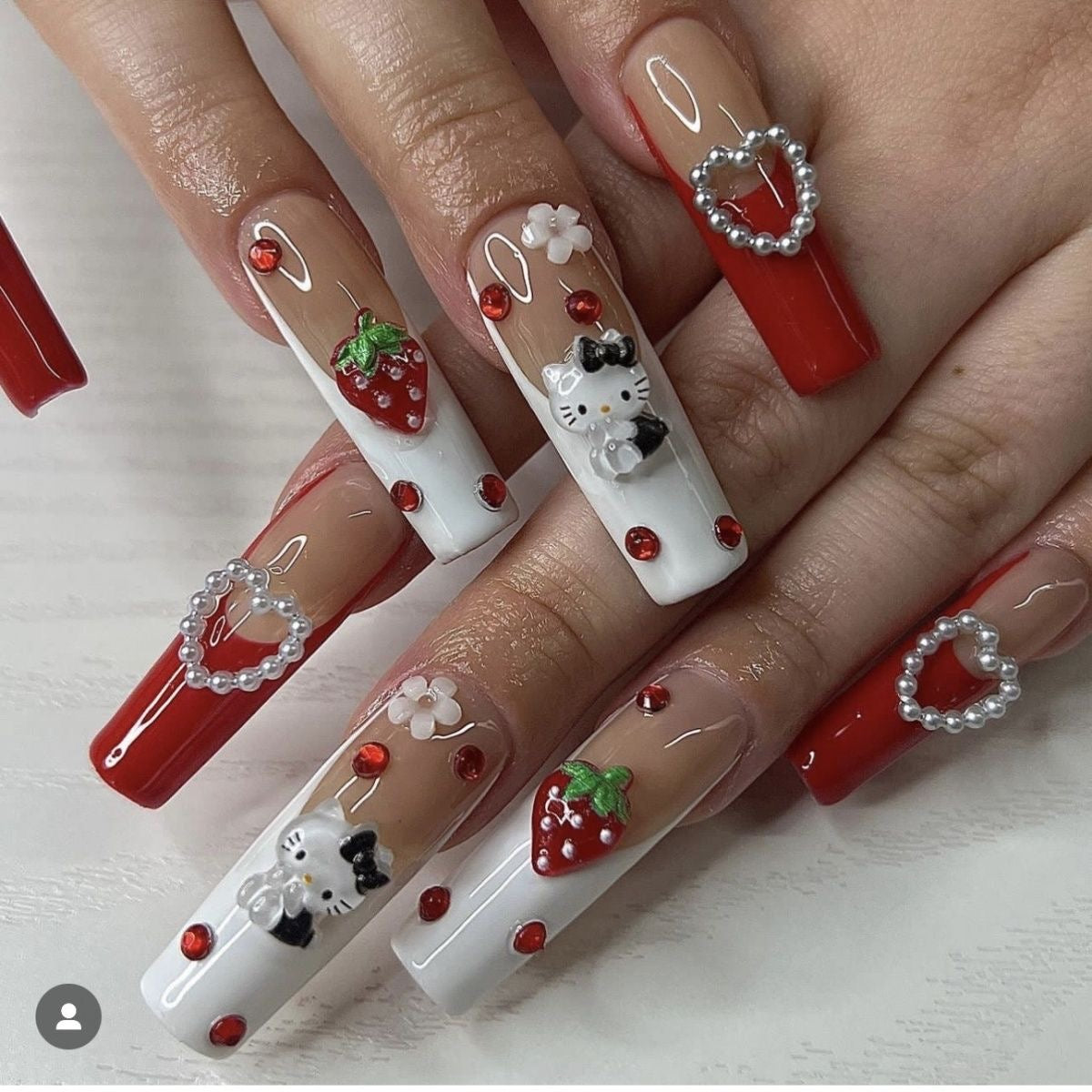 HK26 Wine Red Sticker Cute Strawberry Heart Cat HANDMADE NAIL