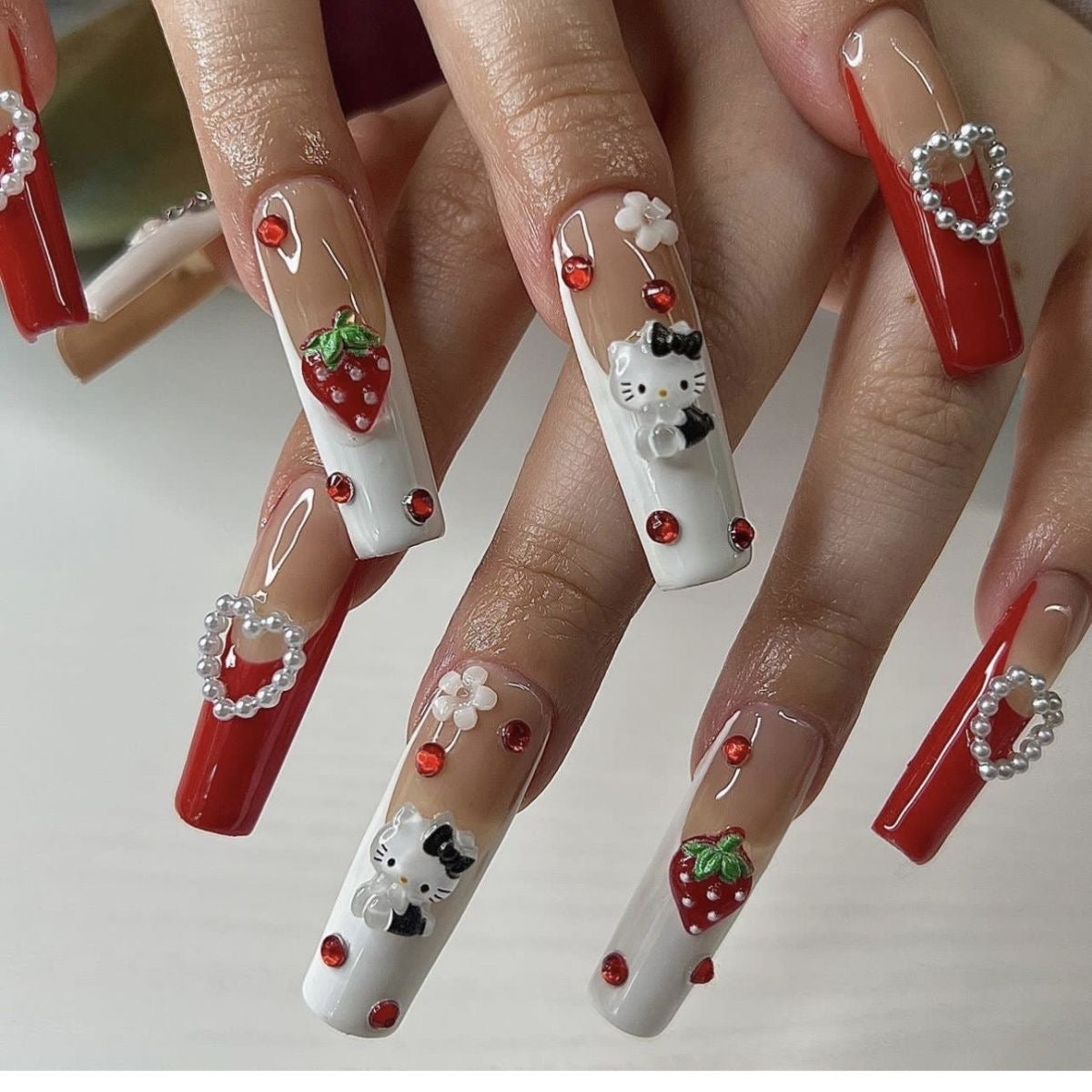 HK26 Wine Red Sticker Cute Strawberry Heart Cat HANDMADE NAIL