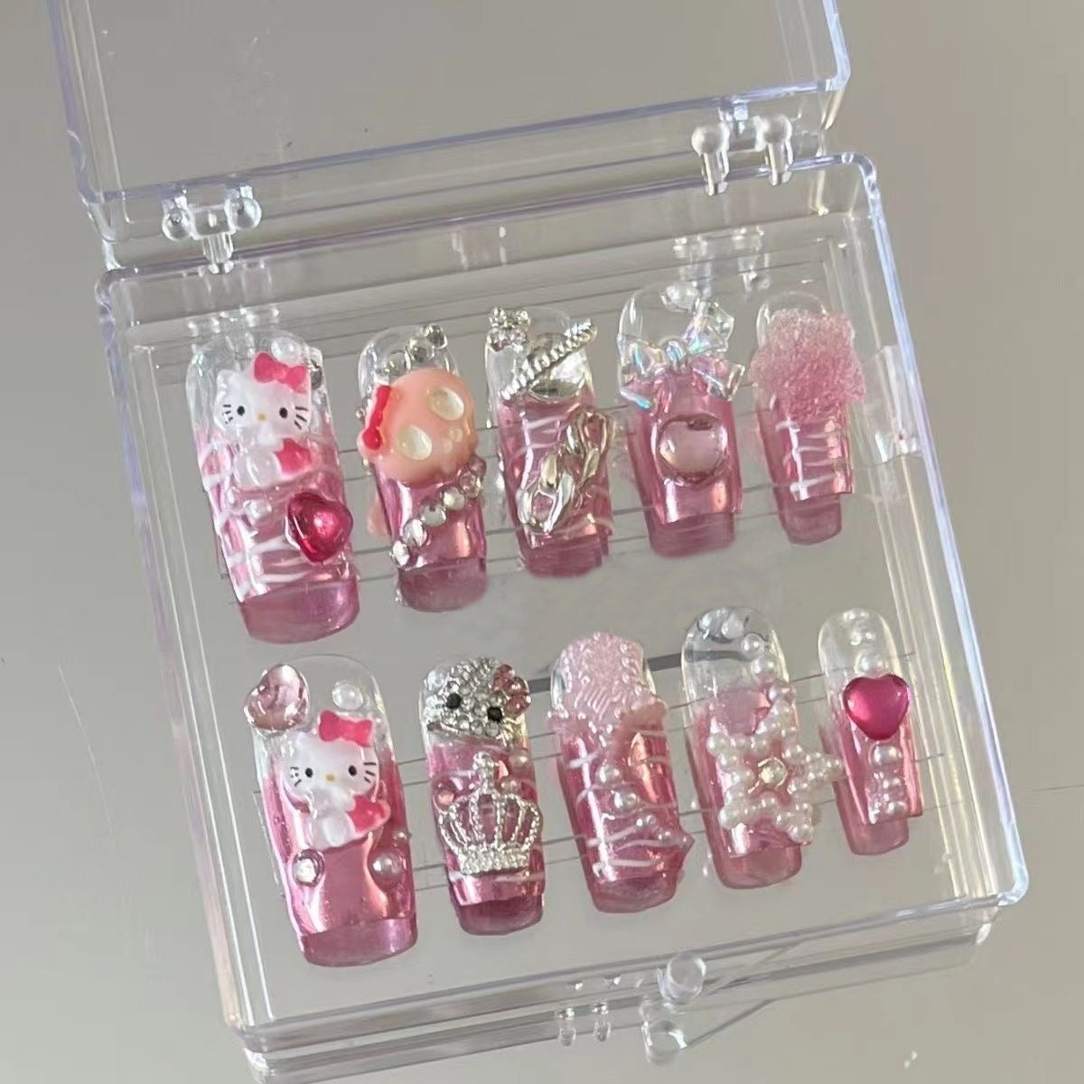 HK30 Pink Candy Skull Star Crown Cat HANDMADE NAIL