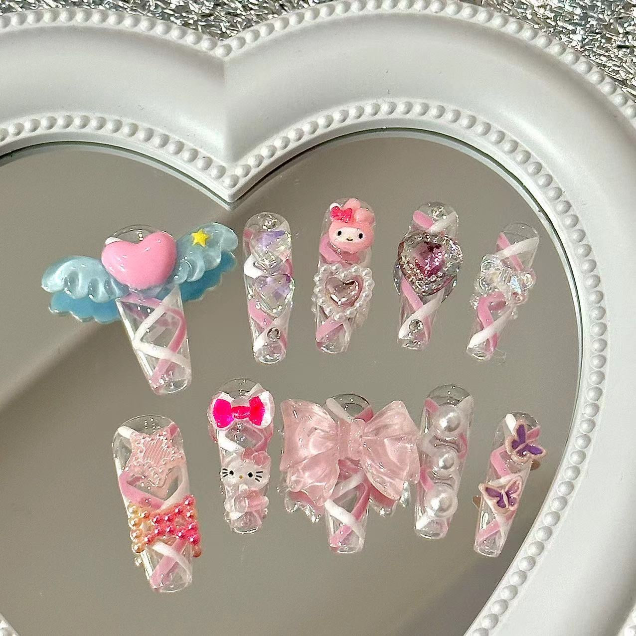 HK28 Pink Love Cute Melod.y Wings Cat HANDMADE NAIL