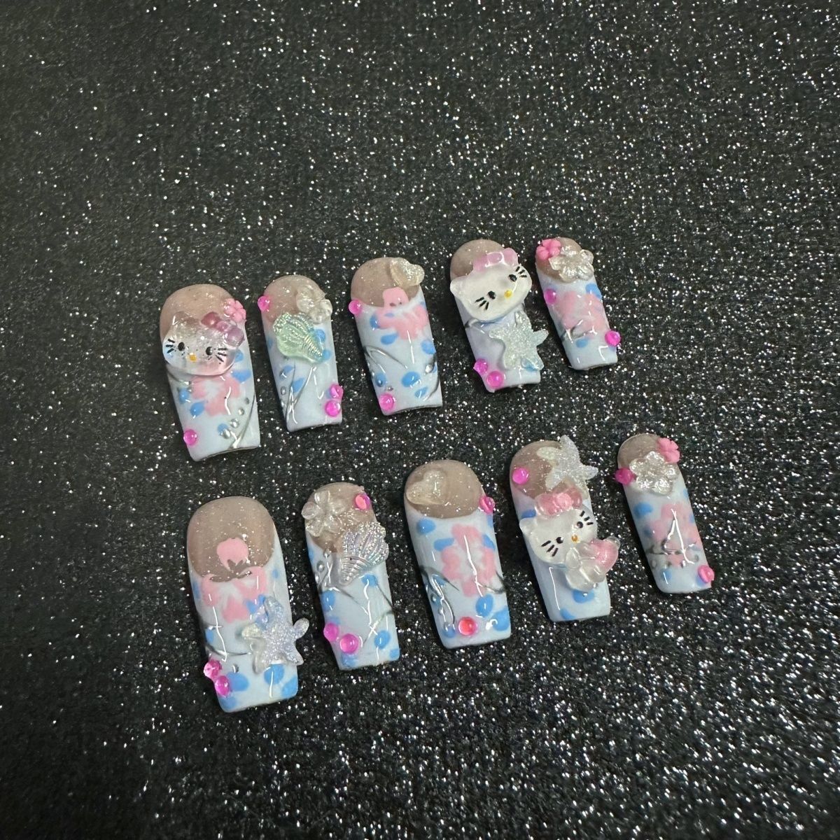 HK37 Sea blue Starfish Conch Cat HANDMADE NAIL