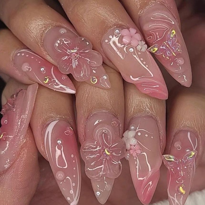 H356 Early Spring Hand-Painted Peach Blossom Blending HANDMADE NAIL