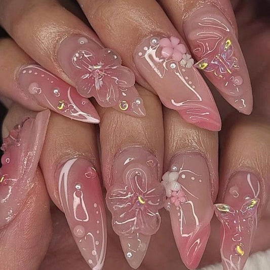 H356 Early Spring Hand-Painted Peach Blossom Blending HANDMADE NAIL