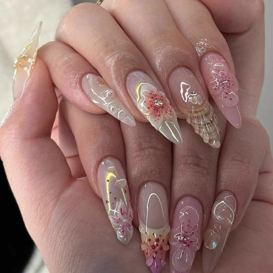 H357 Mermaid Pearl Peach Blossom HANDMADE NAIL