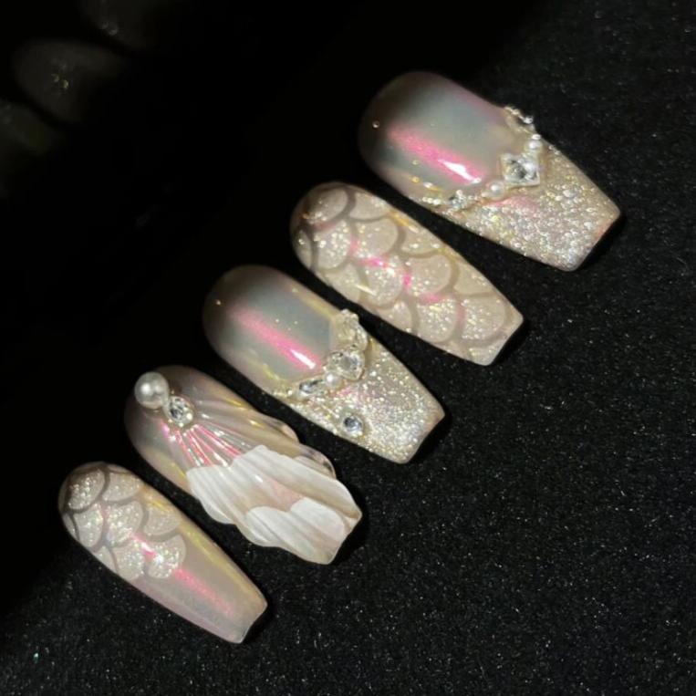 H406 Aqua Colorful Fish Scale Armor HANDMADE NAIL