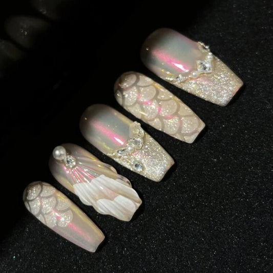 H406 Aqua Colorful Fish Scale Armor HANDMADE NAIL