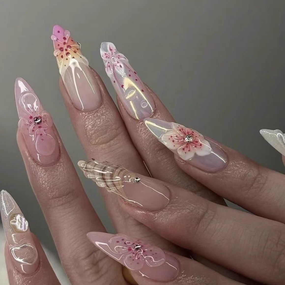 H357 Mermaid Pearl Peach Blossom HANDMADE NAIL