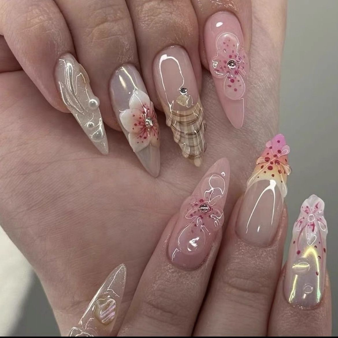 H357 Mermaid Pearl Peach Blossom HANDMADE NAIL