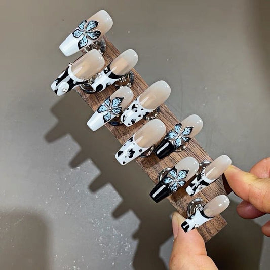 H358 Devil's Flower Black and White Spot HANDMADE NAIL