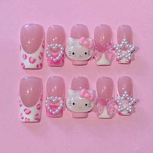 HK24 Pink Leopard Pattern Star Love Cat HANDMADE NAIL