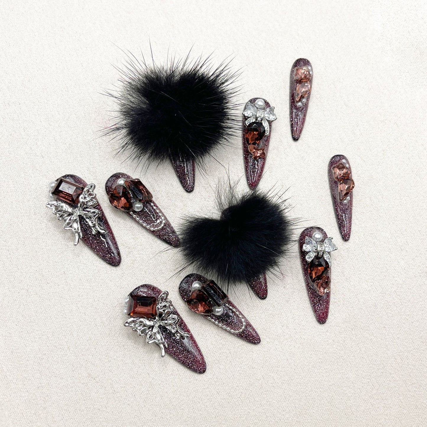 H308 HARMING ELF RED & BLACK LUXURY DIAMONDS HANDMADE NAIL