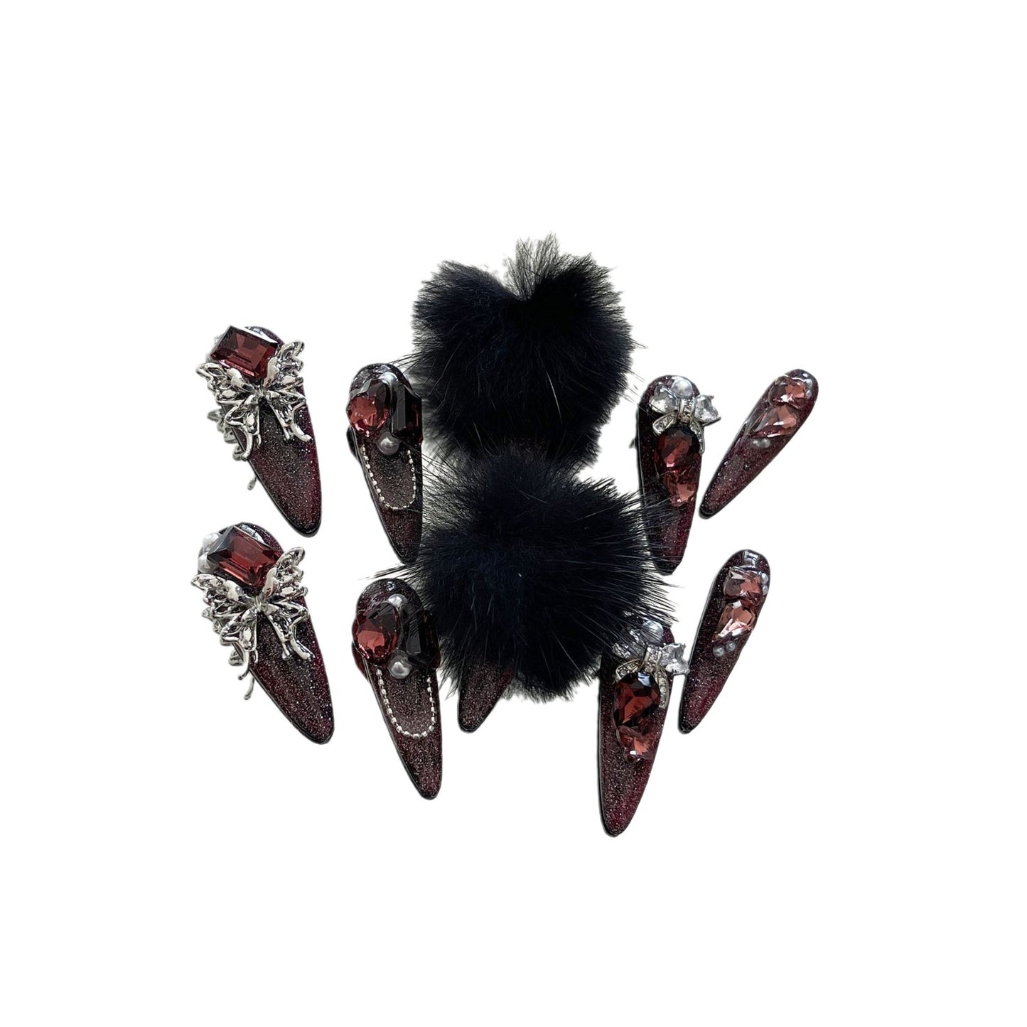 H308 HARMING ELF RED & BLACK LUXURY DIAMONDS HANDMADE NAIL