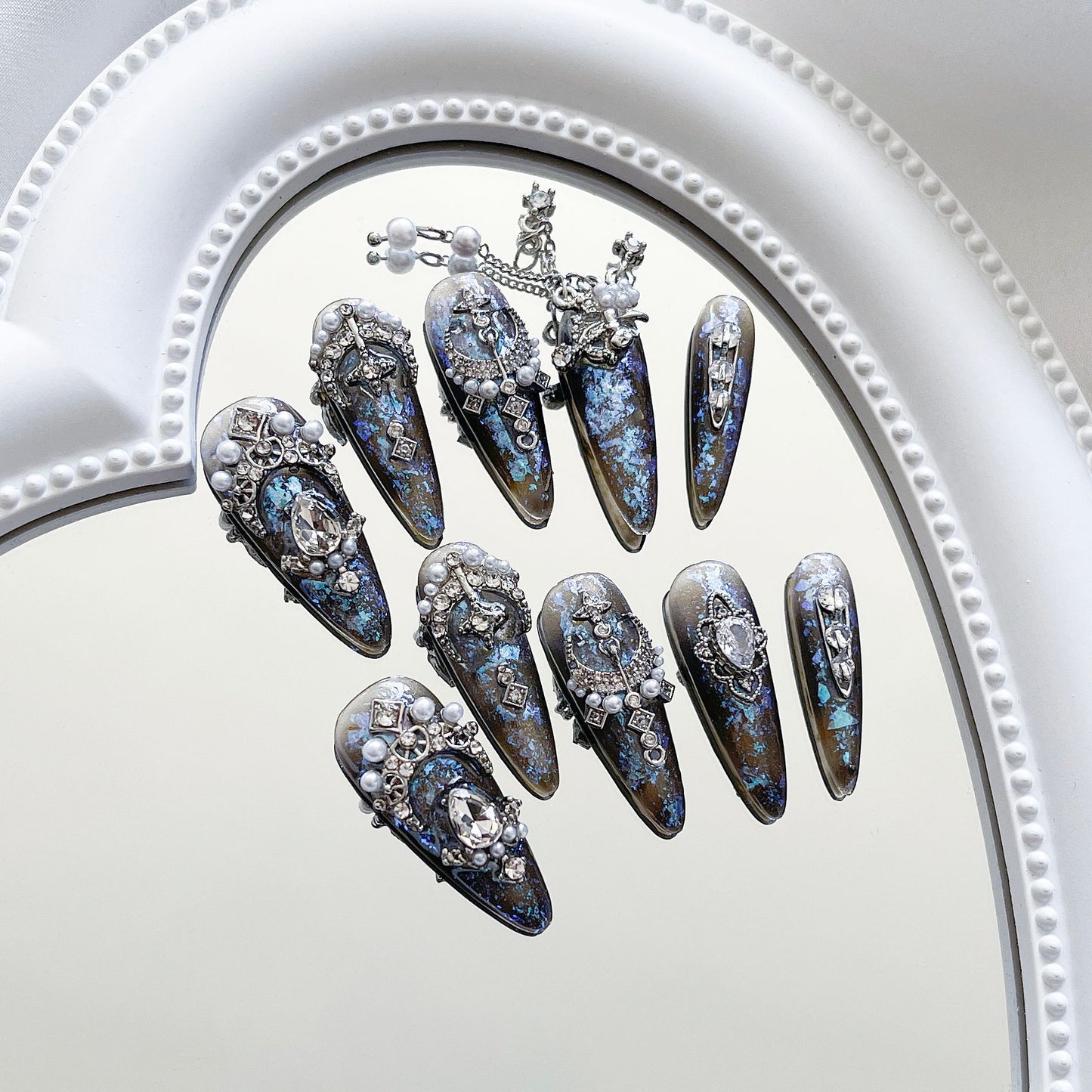 H309 Black Blue Dark Series Exotic Style HANDMADE NAIL