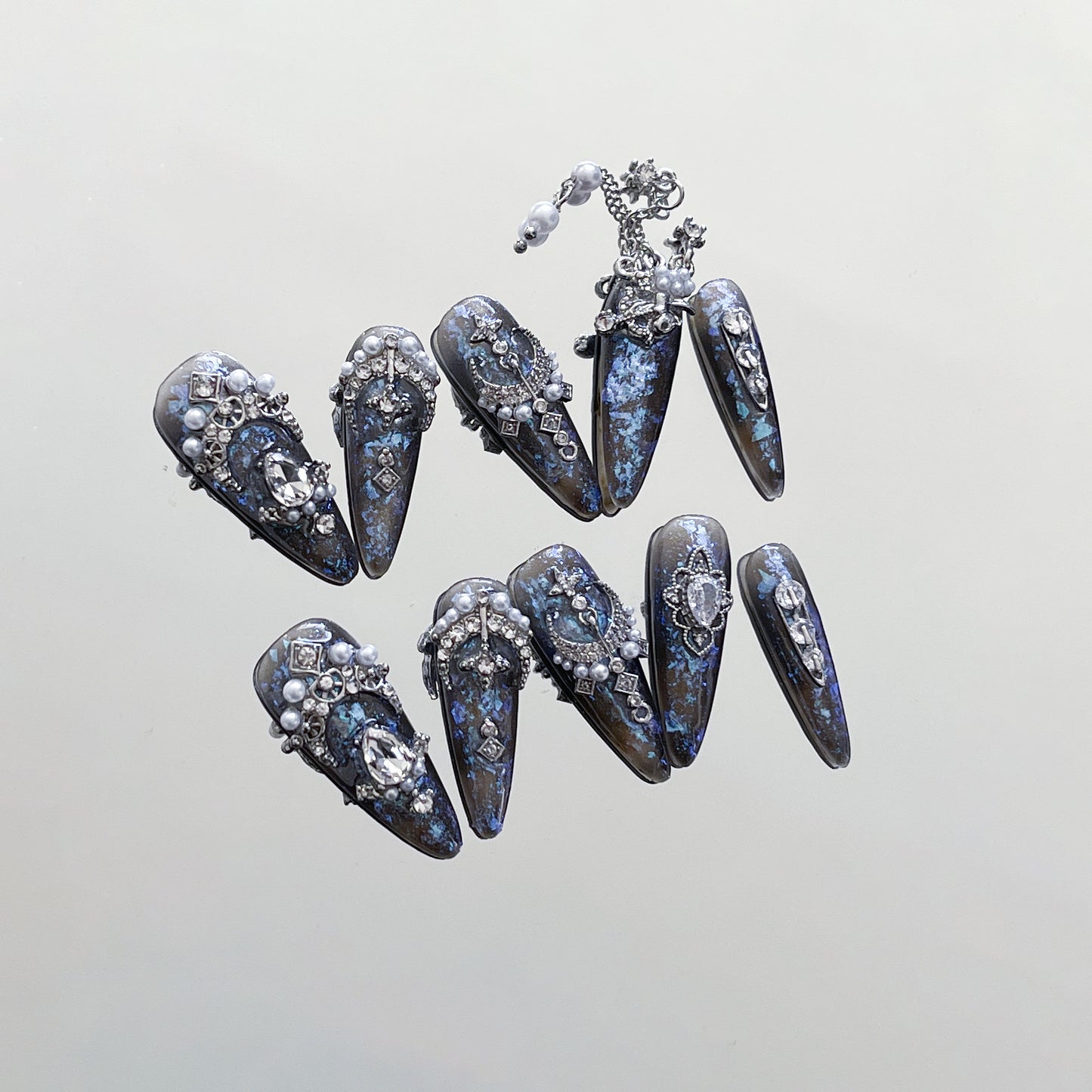 H309 Black Blue Dark Series Exotic Style HANDMADE NAIL