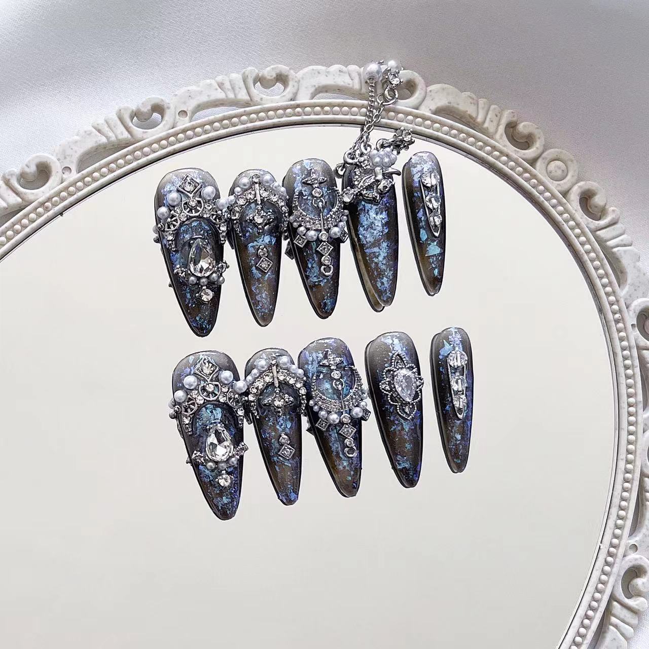 H309 Black Blue Dark Series Exotic Style HANDMADE NAIL