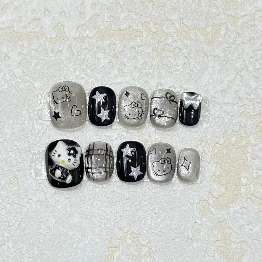 HK63 Cute Dark Star Light Bulb Cat Eye Cat HANDMADE NAIL