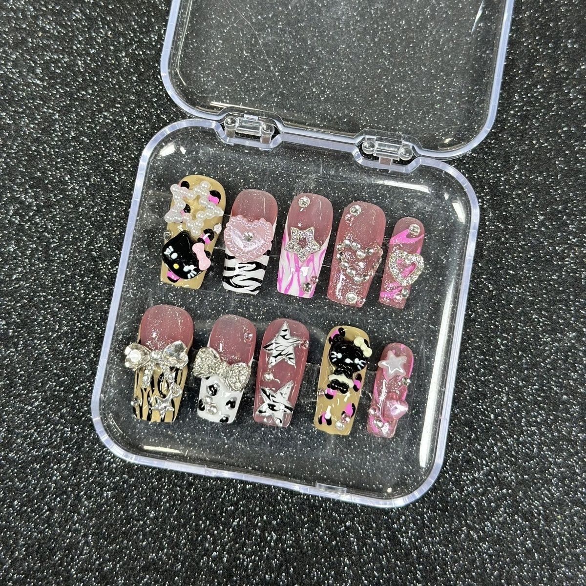 HK56 Nude Pink Black Star Bow Cat HANDMADE NAIL