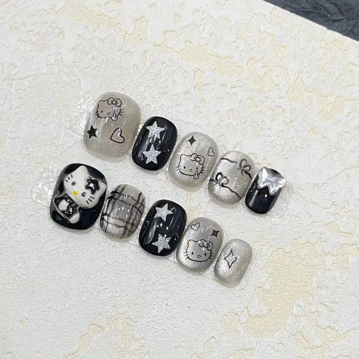 HK63 Cute Dark Star Light Bulb Cat Eye Cat HANDMADE NAIL
