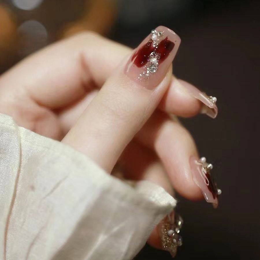 H373 Advanced New Year Wine Red Gemstones HANDMADE NAIL