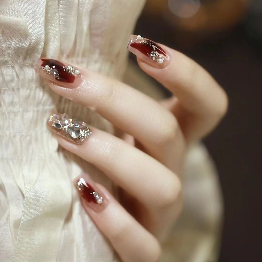 H373 Advanced New Year Wine Red Gemstones HANDMADE NAIL