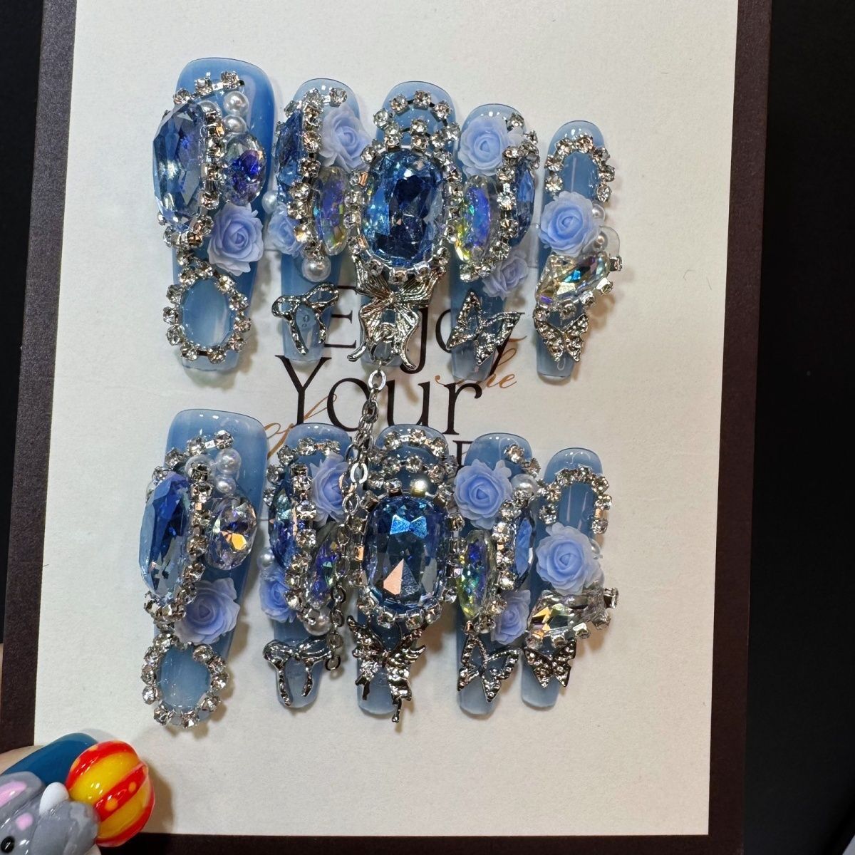 P5 Full Diamond Pigeon Egg Ocean Blue Crystal HANDMADE NAIL