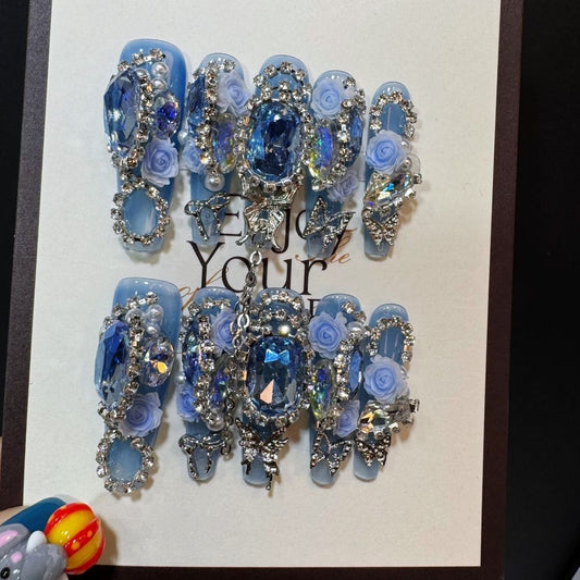 P5 Full Diamond Pigeon Egg Ocean Blue Crystal HANDMADE NAIL