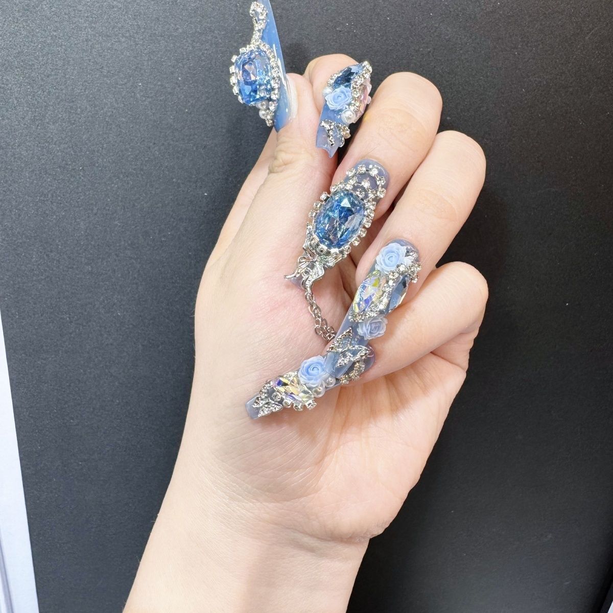 P5 Full Diamond Pigeon Egg Ocean Blue Crystal HANDMADE NAIL
