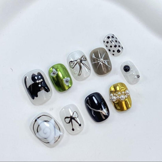 P7 Black Cat Bow Cool Cat Eyes HANDMADE NAIL