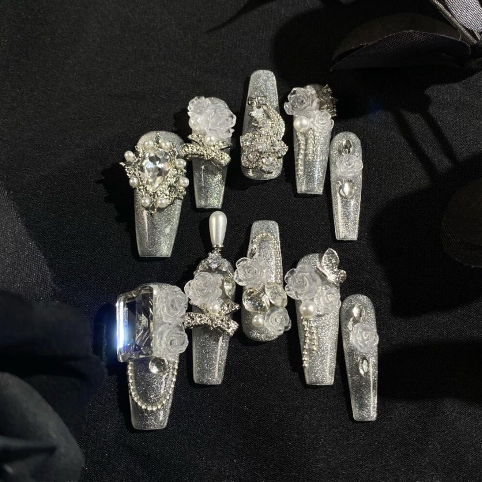 HD1 White Cat Eyes rose HANDMADE NAIL