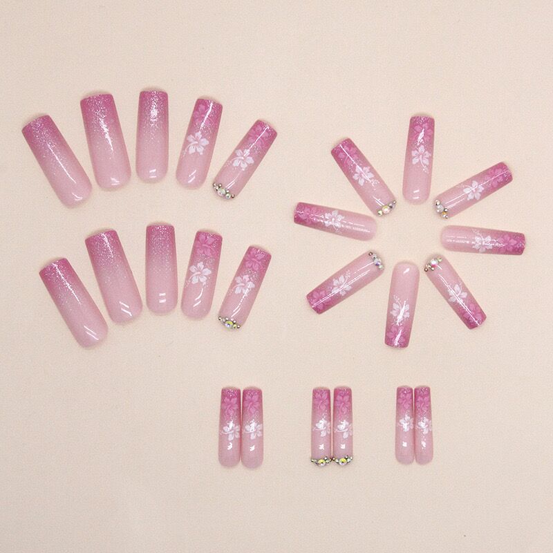 L50 Pink white peach blossom zircon LONG NAIL