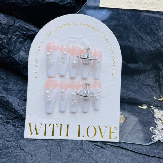 H11 NUDE PINK & WHITE PEARL FRENCH HANDMADE NAIL