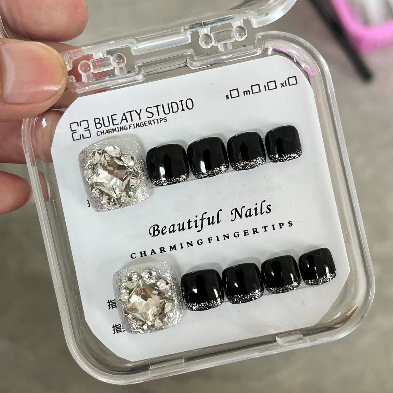 H166 NUDE DIAMOND DARK NIGHT HANDMADE NAIL