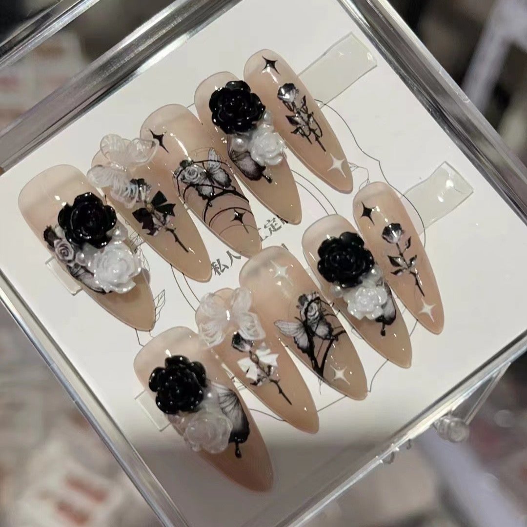 H199 BABY PINK BLACK ROSE HANDMADE NAIL