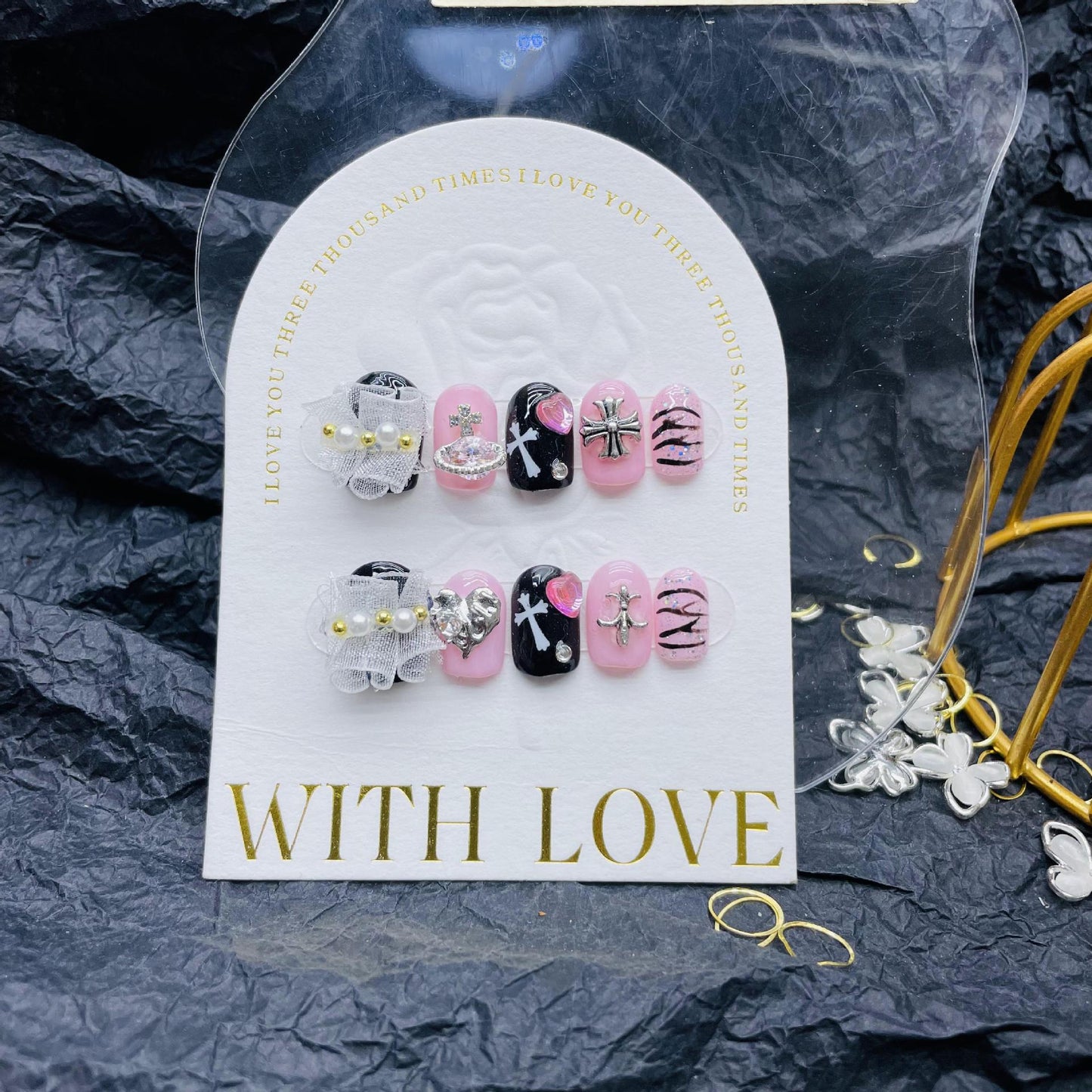 H12 BABY PINK WITH SILVER CROSS HANDMADE NAILS