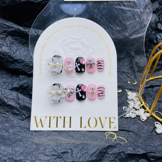 H12 BABY PINK WITH SILVER CROSS HANDMADE NAILS