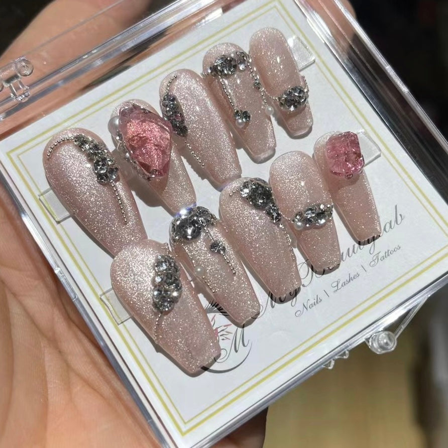 H159 SHINY PINK SILVER CHAIN HANDMADE NAIL