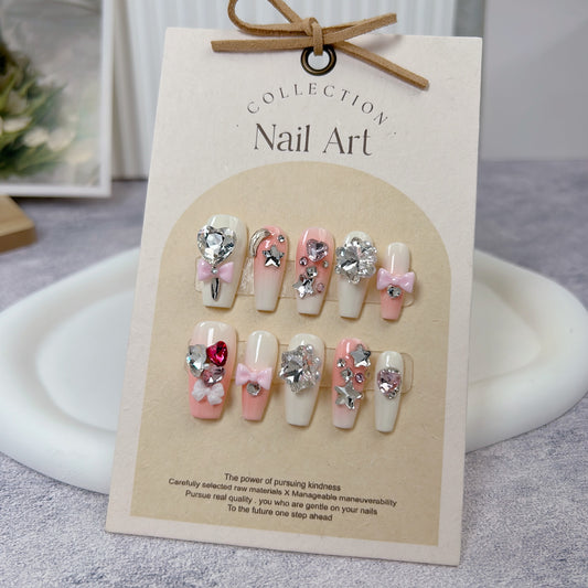 H8 NUDE PINK WITH DIAMOND HEART HANDMADE NAIL
