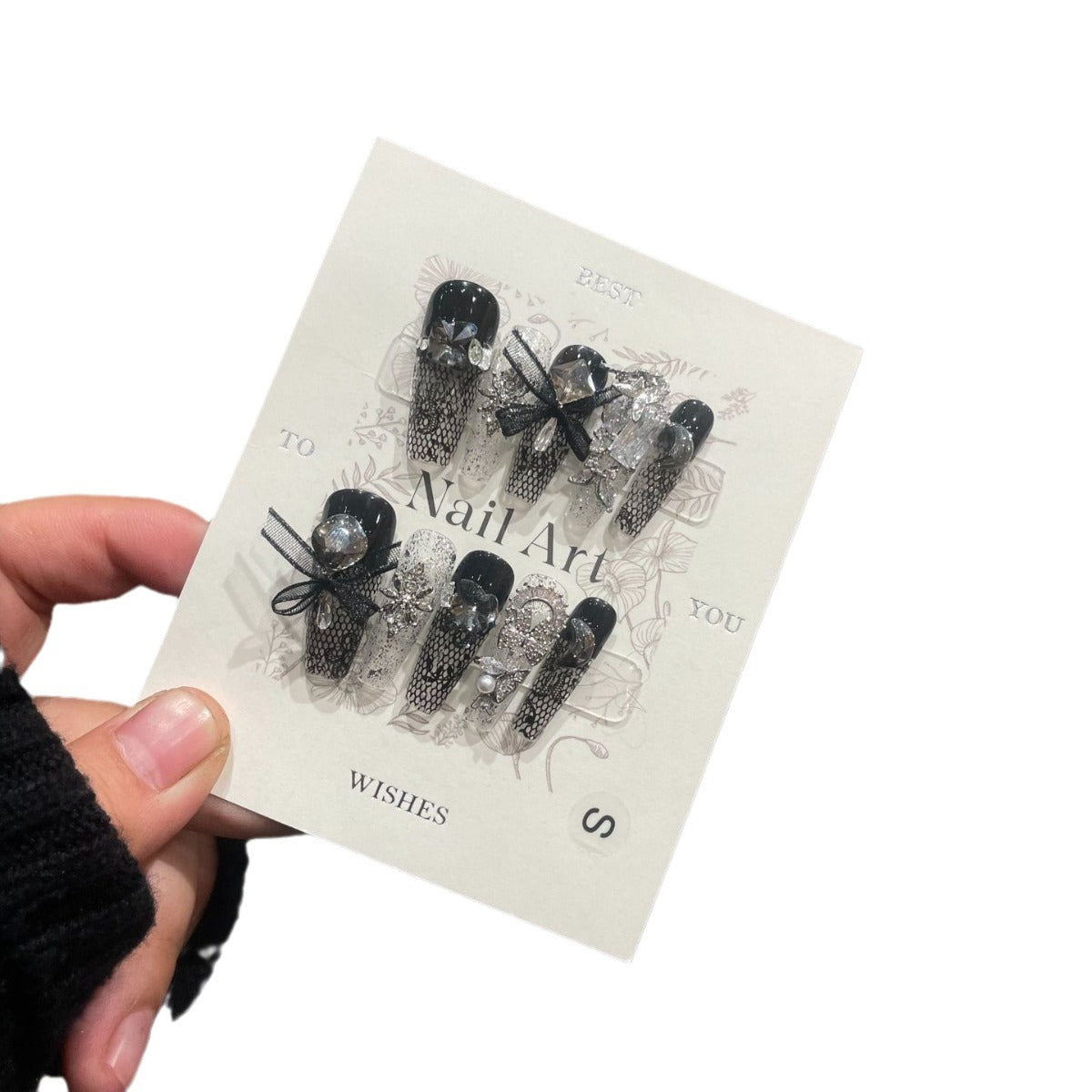 H284 Fishing net socks dark and full of diamonds HANDMADE NAIL