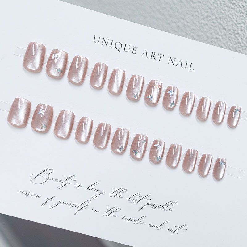 S56 White Moonlight Cat's Eye glitter Butterfly SHORT NAIL