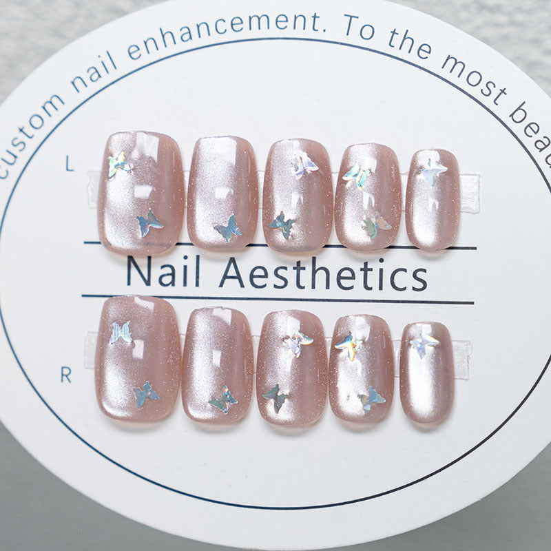 S56 White Moonlight Cat's Eye glitter Butterfly SHORT NAIL