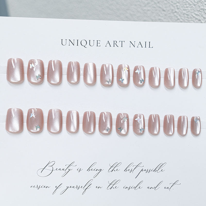 S56 White Moonlight Cat's Eye glitter Butterfly SHORT NAIL