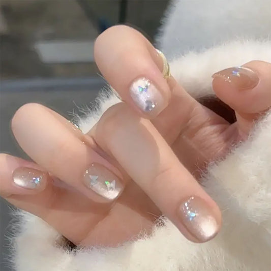 S56 White Moonlight Cat's Eye glitter Butterfly SHORT NAIL