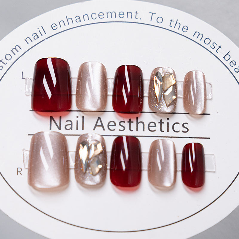 S50 Sweet mix cat's eye inlaid with diamonds SHORT NAIL