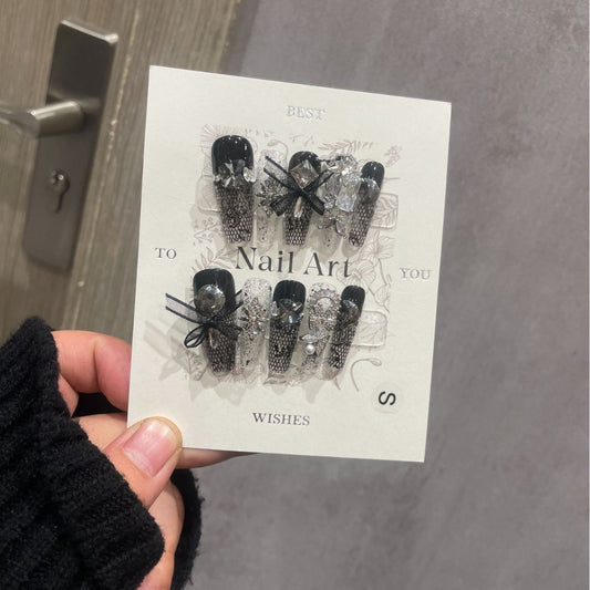 H284 Fishing net socks dark and full of diamonds HANDMADE NAIL