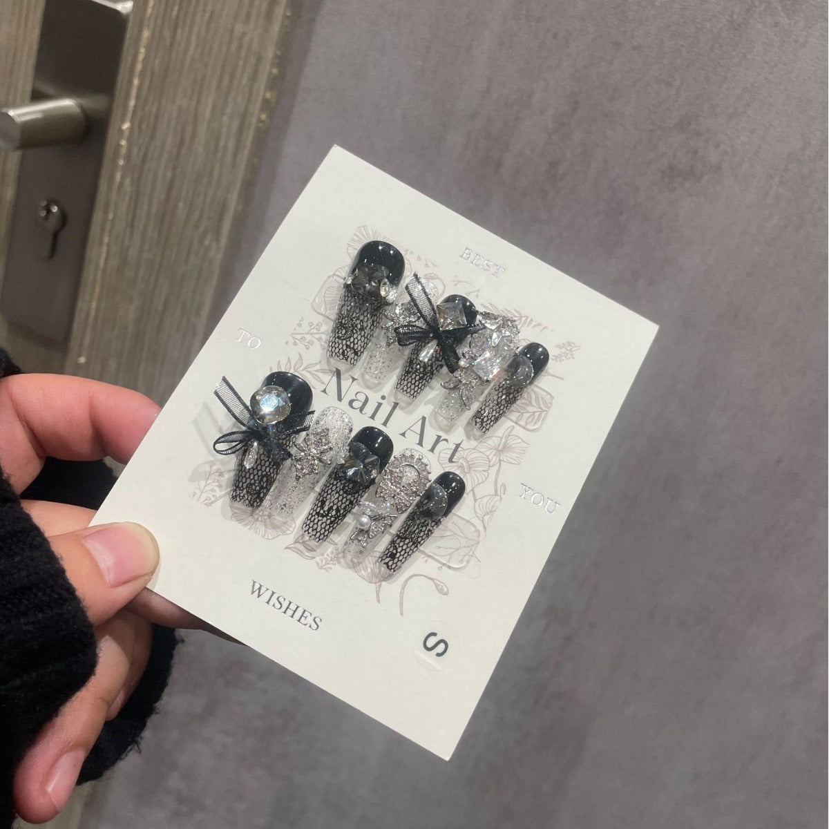 H284 Fishing net socks dark and full of diamonds HANDMADE NAIL