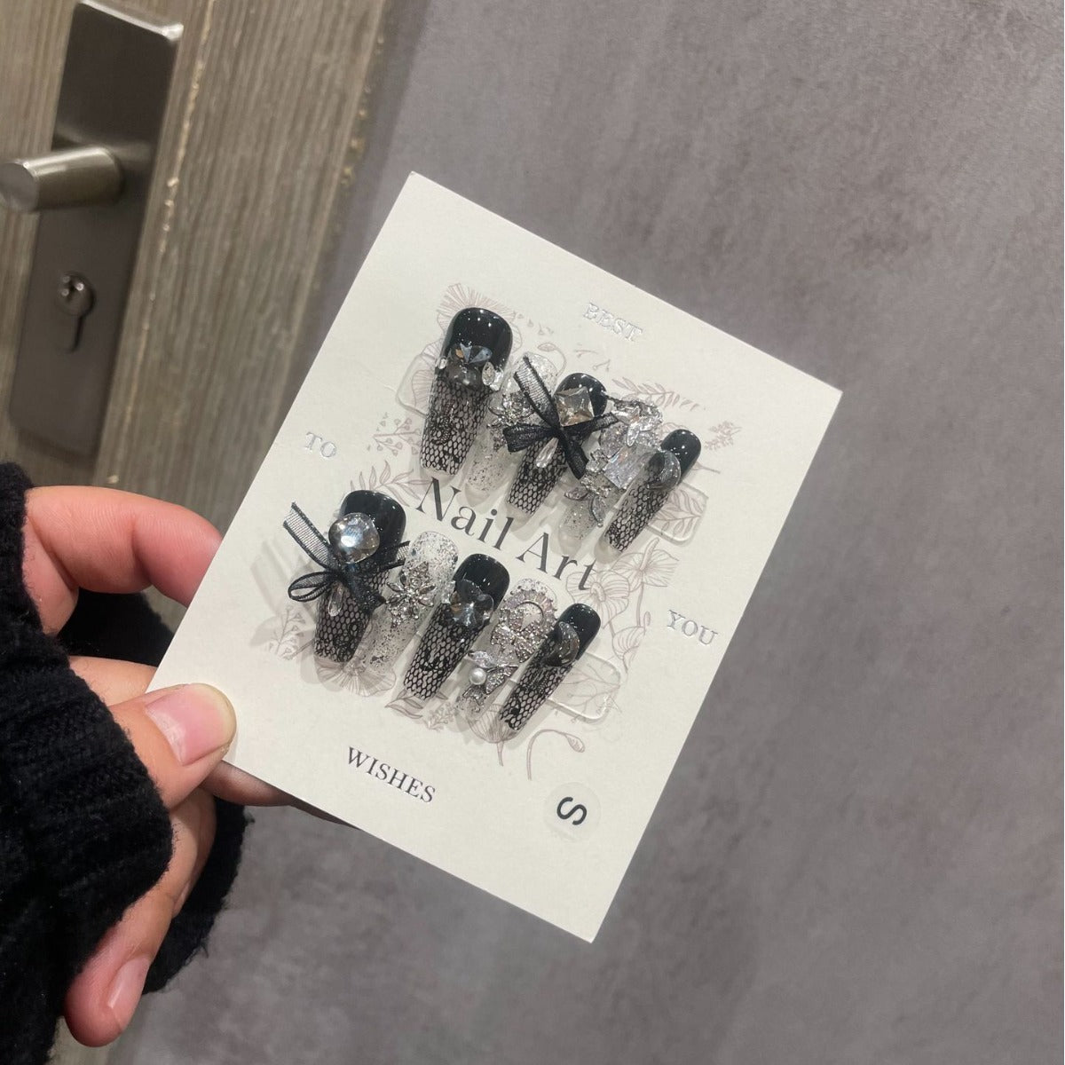 H284 Fishing net socks dark and full of diamonds HANDMADE NAIL