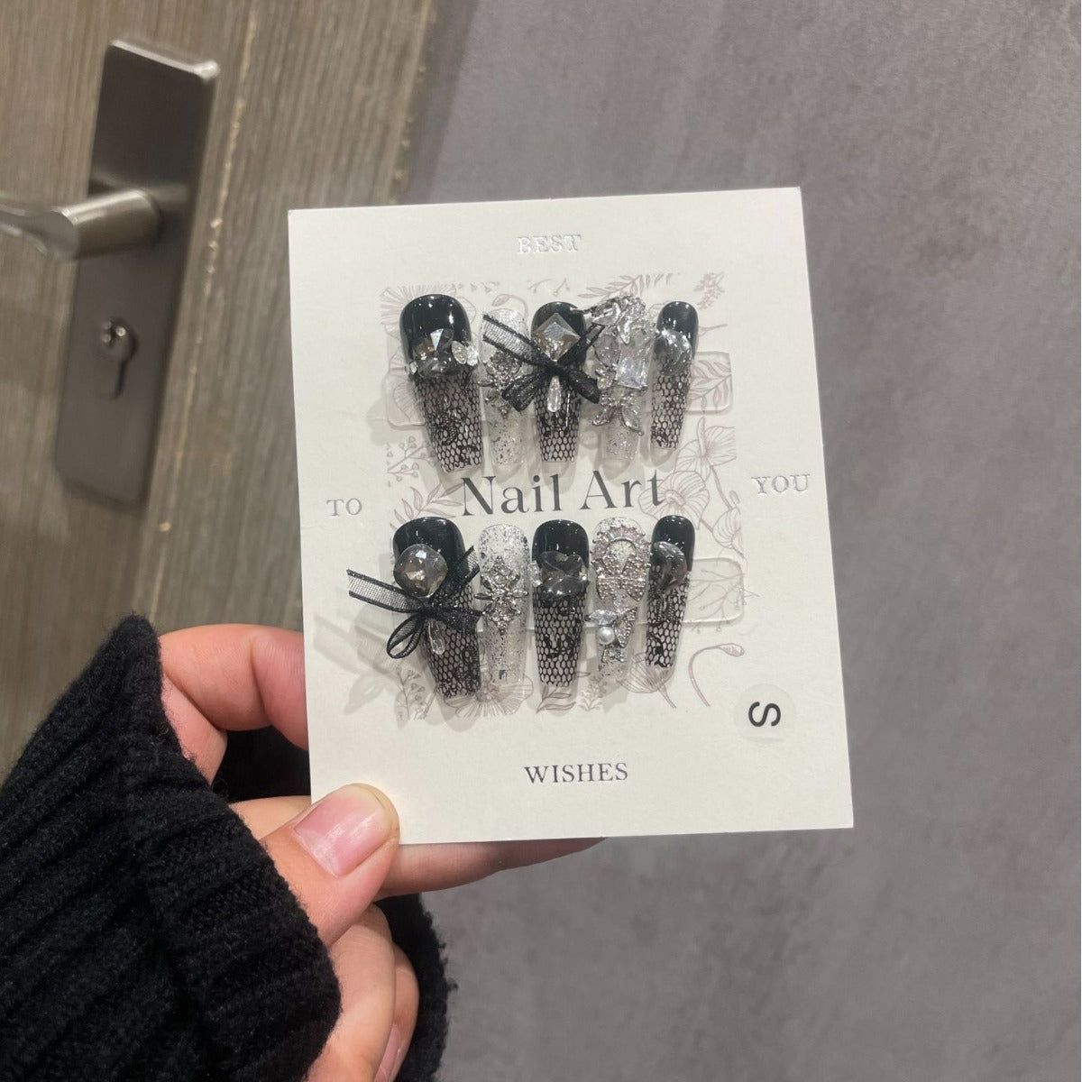 H284 Fishing net socks dark and full of diamonds HANDMADE NAIL